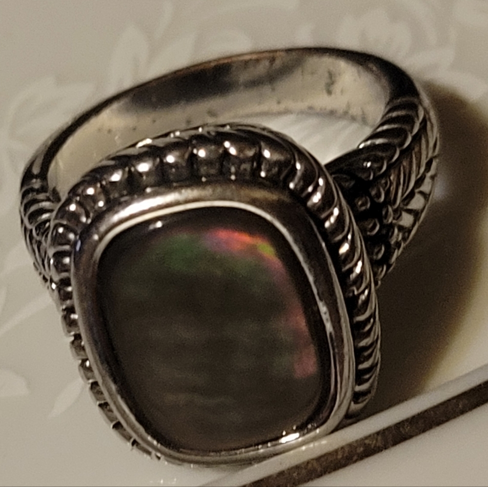 Vtg Iridescent Rectangular Opaque Gem Silver Ring… - image 6
